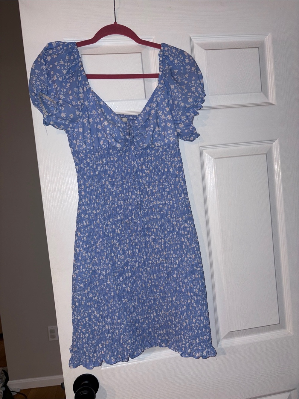 Blue Floral Puff-Sleeve Smocked Mini Dress